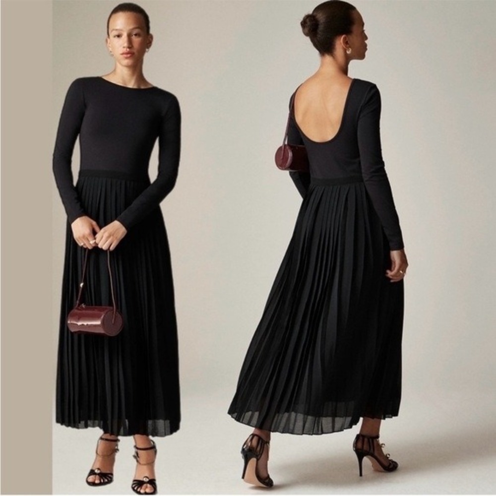 J.Crew Pleated Ballet Midi Dress Black Long Sleeve Fit & Flare Size Small